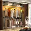 Aheaplus Industrial Pipe Clothing Rack, Reversible 79.7'' Clothes Rack for Hanging Clothes, Heavy Duty Garment Racks Closet Wardrobe with LED Lights& Shelves, Walk-in Closet System, Black (II-Medium)