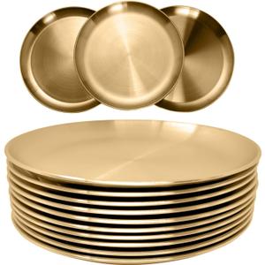 Stainless Steel Plates Metal Gold Dinner Plates Unbreakable Dinner Dishes Plates Set for Barbecue Kitchen Home Camping Outdoor Party (9inch, 10Pcs)