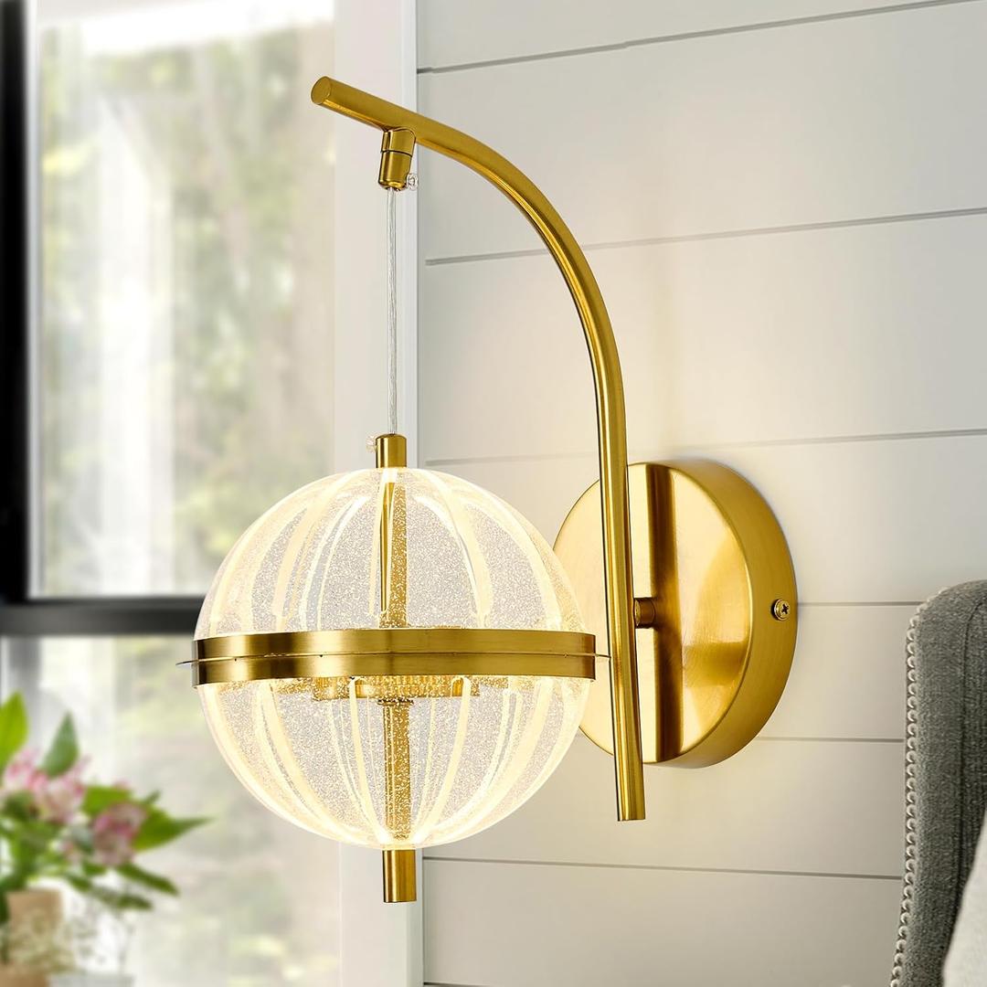 UOFUS Gold Wall Sconce with Globe Acrylic Shade Mid Century Modern Dimmable LED Wall Light Fixture 12W 3000K/4000K/6000K Temperature Adjustable Super Bright Bathroom Vanity Light for Bedroom Hallway