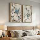 Framed Vintage Botanical Bird Wall Art, 2 Piece Neutral Minimalist Floral Canvas Painting Prints, Nature Beige Chinoiserie Asian Flower Artwork for Living Room Bedroom Kitchen Dining Room Wall Decor, 24" W x 36" H x 2Pcs