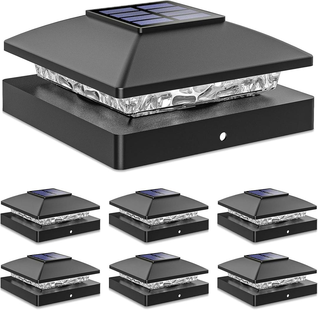 Solar Post Cap Lights Outdoor 6pack, Black Waterproof Solar Powered Deck Fence Post Lights Fit 4x4 Wood/Vinyl Posts, Bright Warm White Solar Post Lights Decorate Deck, Patio, Porch, Fence