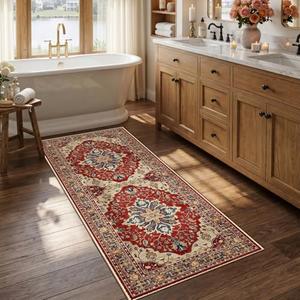 RELEANY Area Rugs Runner 2'6"x5' Washable Non-Slip, Floral Vintage Distress Medallion Carpet for Kitchen Hallway Bedroom Beside Laundry Room Bathroom, Red Blue