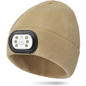 LED Beanie with Light, 3 Adjustable Modes Headlamp Beanie Hat, Removable Rechargeable USB with Night Strobing for Outdoor Running, Camping, Hiking, Fishing, Christmas Gift for Men Women (Khaki)