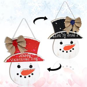 Double-Sided Winter Valentine's Day Wooden Front Door Sign Let It Snow Indoor Outdoor Home Wall Window Hanging Plaques Farmhouse Wood Hanger Decor with Rustic Burlap Bow for Outside Porch