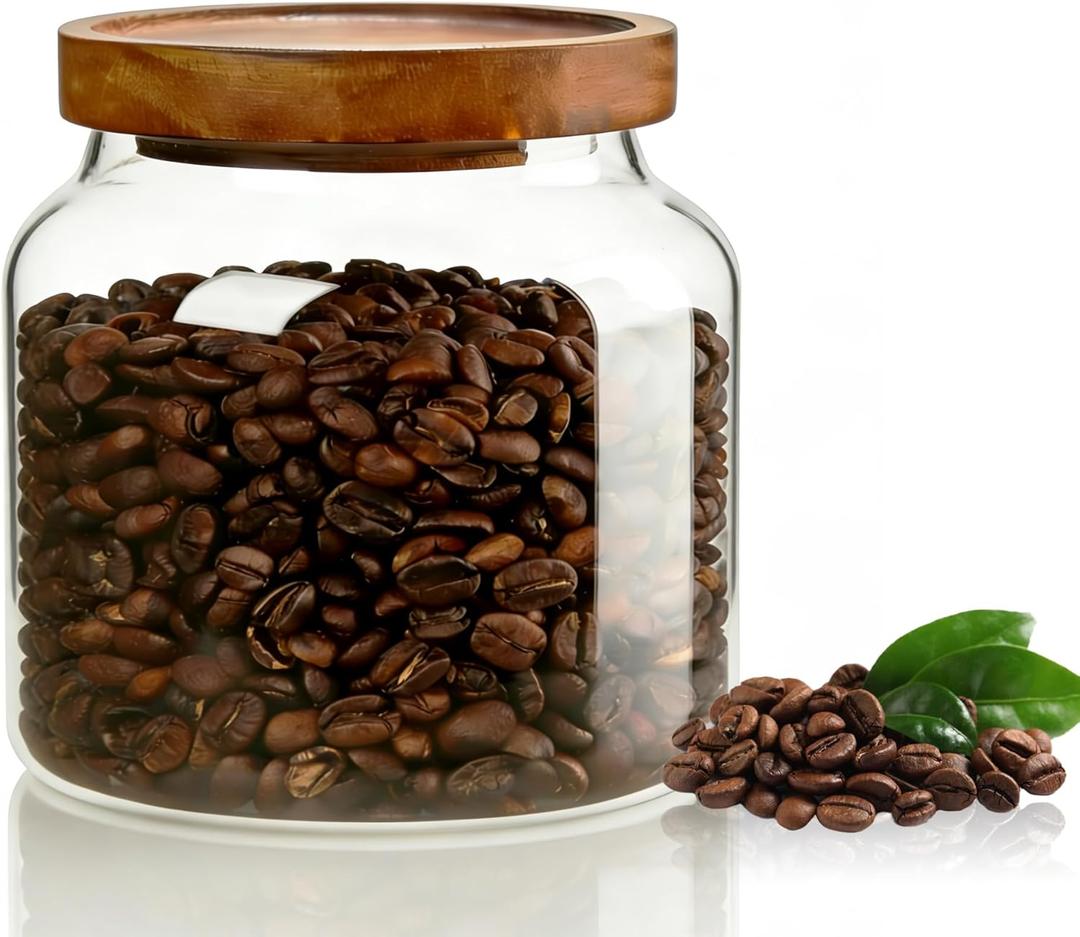 1PC Glass Storage Jars with Airtight Lids, 54 fl oz (1600ml) coffee container with Wooden Lid, Glass Pantry Canister for Beans, Rice, Sugar and etc