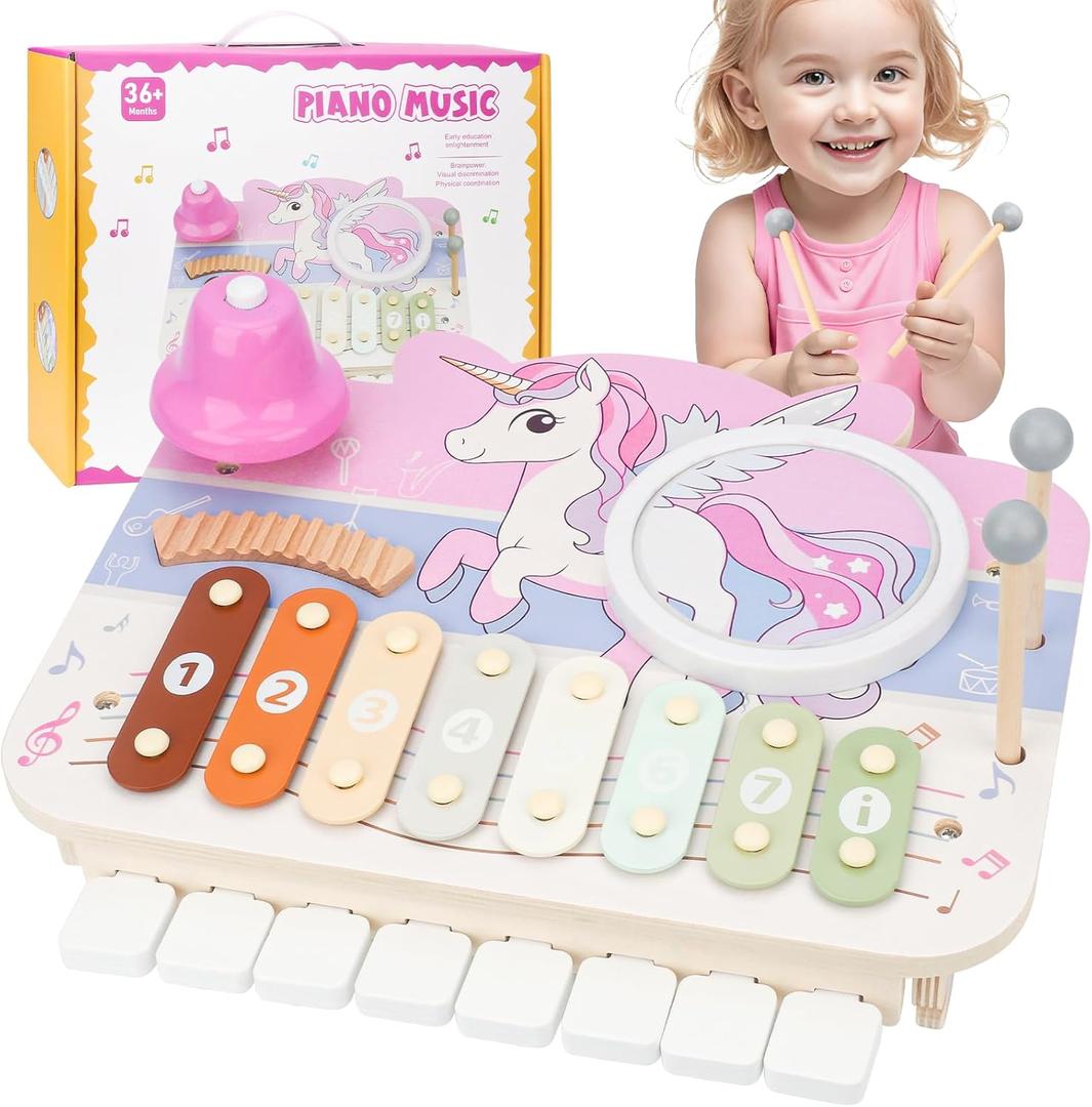Kids Piano Musical Toys - 5 in 1 Wooden Music Instruments Montessori Toys for Baby Toddler, Sensory Toys with Drum Xylophone, Preschool Educational Toys, Birthday Gifts for Girls Boys Pink
