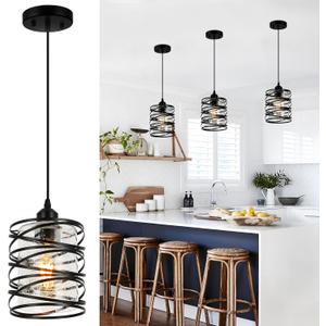 Black Pendant Lights for Kitchen Island, Industrial Farmhouse Pendant Light Fixtures with Seeded Glass Shade, Adjustable Spiral Iron Pendant Lighting for Foyer Hallway Dining Room Kitchen