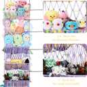 5 Tier Stuffed Animal Storage Shelf Net, 17x61 Inch Large Plushie Net w/LED Light & Clips for Mini Medium Stuffy Teddy, Purple Boho Macrame Wall Toy Holder Display for Nursery Kids Girls Boys
