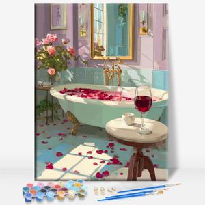 Aeontinity Rose Bath TIME Framed Canvas DIY Paint by Numbers Kit Bar Cafe Cave Home Room Wall Bathroom Porch Patio Decor Gift, 16 x 12 Inch