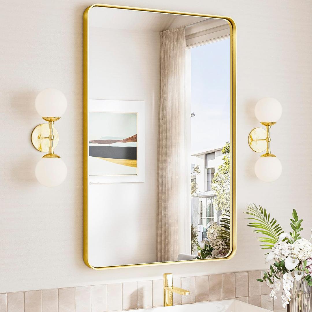TokeShimi 24x36 Brushed Gold Bathroom Mirror,Wall Mirror for Bathroom with Tempered Glass,Gold Bathroom Vanity Mirror for Over Sink,Aluminum Framed Mirror(Horizontal/Vertical)