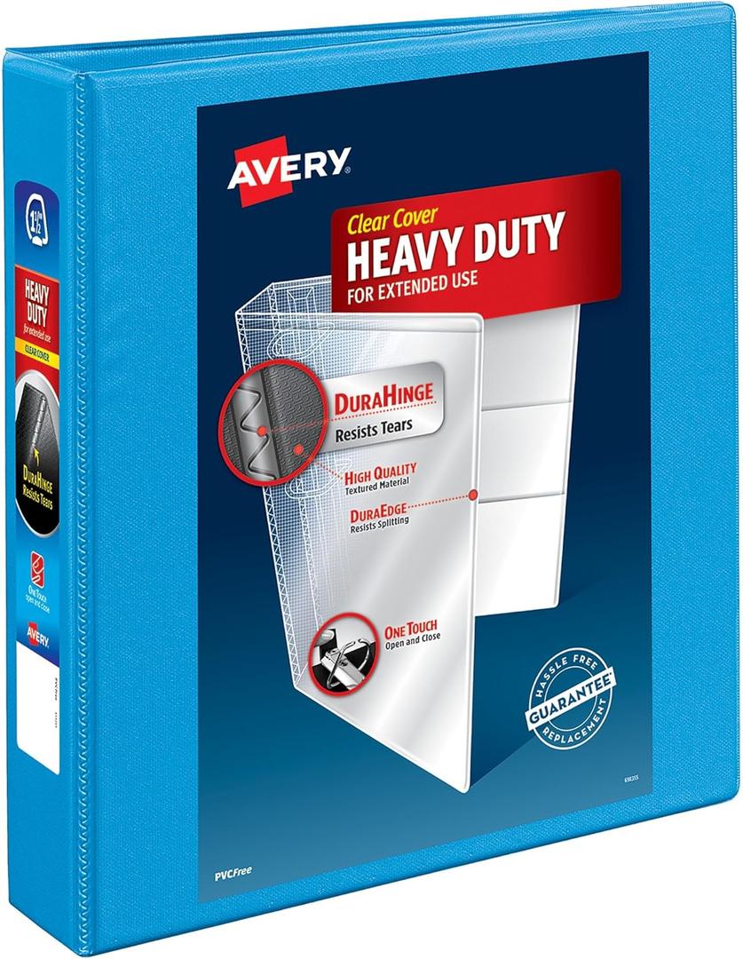 Avery Heavy-Duty View 3 Ring Binder, 1.5" One Touch Slant Rings, Holds 8.5" x 11" Paper, 1 Light Blue Binder (05401)