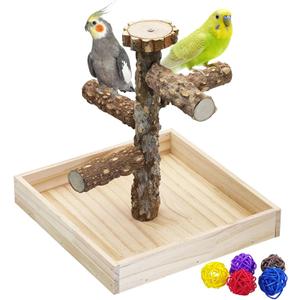 BNOSDM Portable Bird Perch Stand with Potty Tray, Natural Wood Tabletop Training Gym Parrot Playground Toy for Budgies, Cockatiels, Lovebirds, Conures Canaries