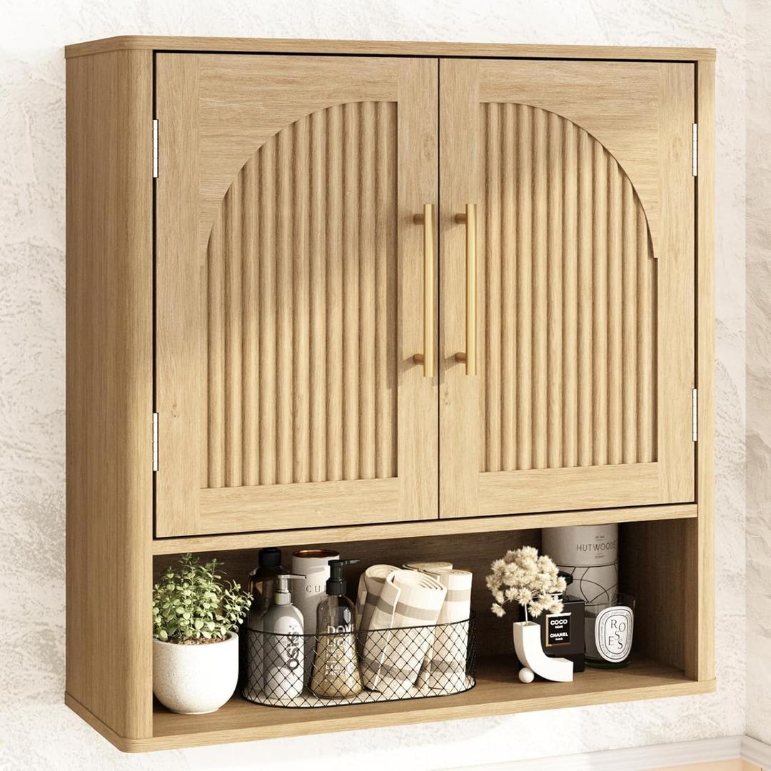 RUSTOWN Fluted Bathroom Wall Cabinet, Mid Century Modern Medicine Cabinet W/Adjustable Shelf & 2 Arched Doors, Over The Toilet Storage Cabinets for Laundry Room Kitchen Living Room, Natural Oak