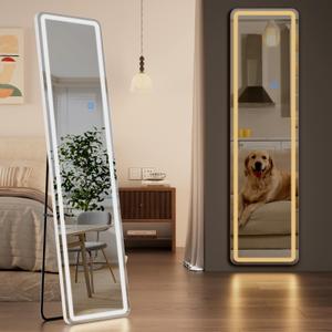 Koonmi LED Full Length Mirror, 56"x20" Full Length Mirror with Lights, Lighted Floor Mirrors with Stand, Full Body Mirrors with Dimming & 3 Color Lightingfor Living Room Cloakroom, White