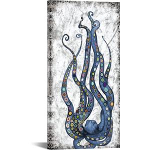 iKNOW FOTO Vertical Canvas Wall Art Abstract Grey and Blue Octopus Painting Printed on Canvas Sea Life Picture Poster Gallery Wrap Vintage Farmhouse Home Décor Ready to Hang 20x40 Inches