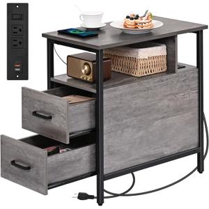 Livofloral Side Table, Gray End Tables with Charging Station, Narrow End Table with Wooden Drawers, USB Ports and Power Outlets, Nightstand and Bedside Table, Side Table Living Room, Bedroom