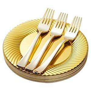 N9R 60pcs Gold Plastic Dessert Plates with Forks, Include 30pcs Disposable Dessert Plates 7 inch, 30pcs Gold Plastic Forks 7.4 inch for Parties Weddings Birthday N9R 60pcs Gold Plastic Dessert Plates with Forks, Include 30pcs Disposable Dessert Plates 7 inch, 30pcs Gold Plastic Forks 7.4 inch for Parties Weddings Birthday
