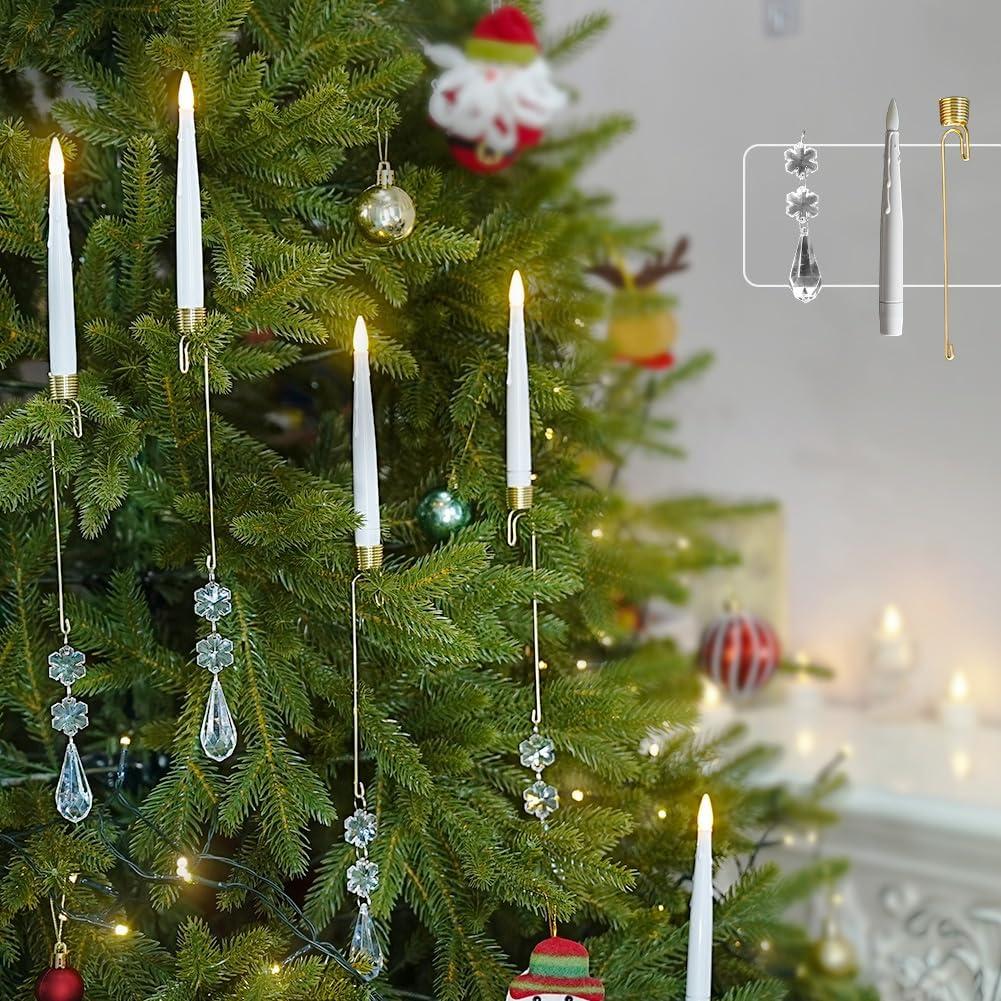 FPOO Flameless Christmas Tree Candles, 12 pcs LED Candle for Christmas Tree with Waterdrop Ornaments and Hooks, Battery Operated Candlestick with Remote, for Xmas Gift Home Decor Wedding (waterdrop-warm white light)