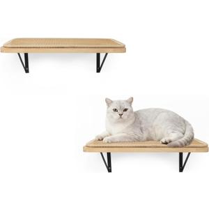 2PCS Cat Wall Shelves with Scratching Mat, 16.6x9.7 Inch Solid Pine Wood Wall Mounted Kitten Floating Shelf, Window Perch Hammock, Cats Wall Furniture for Cats Sleeping, Playing, Climbing