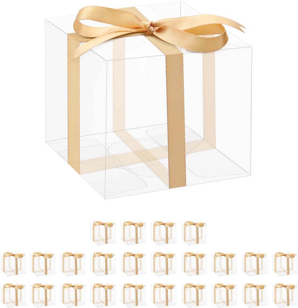 HAPPY POTATO 25 Pack PET clear Favor Boxes with Ribbon, 3"x3"x3" Gift Boxes for Chocolate Candies Cookies Muffins Party Favors Packaging, Clear Gift Boxes for Favors