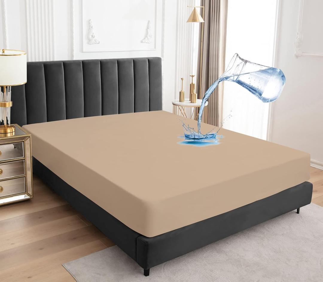 Queen Size Mattress Protector, Waterproof Mattress Protector, Fitted Sheet Style Mattress Cover with 18" Deep Pocket, Washable and Comfortable-Light Tan, Queen