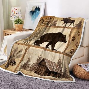 Rustic Cabin Throw Blankets, Farmhouse Country Antique Bear Moose Forest Vintage Wood Cozy Warm Bed Couch Blanket, Hunting Camping White Fleece Flannel Throws to Decorate The Room and Bedroom (60X90)
