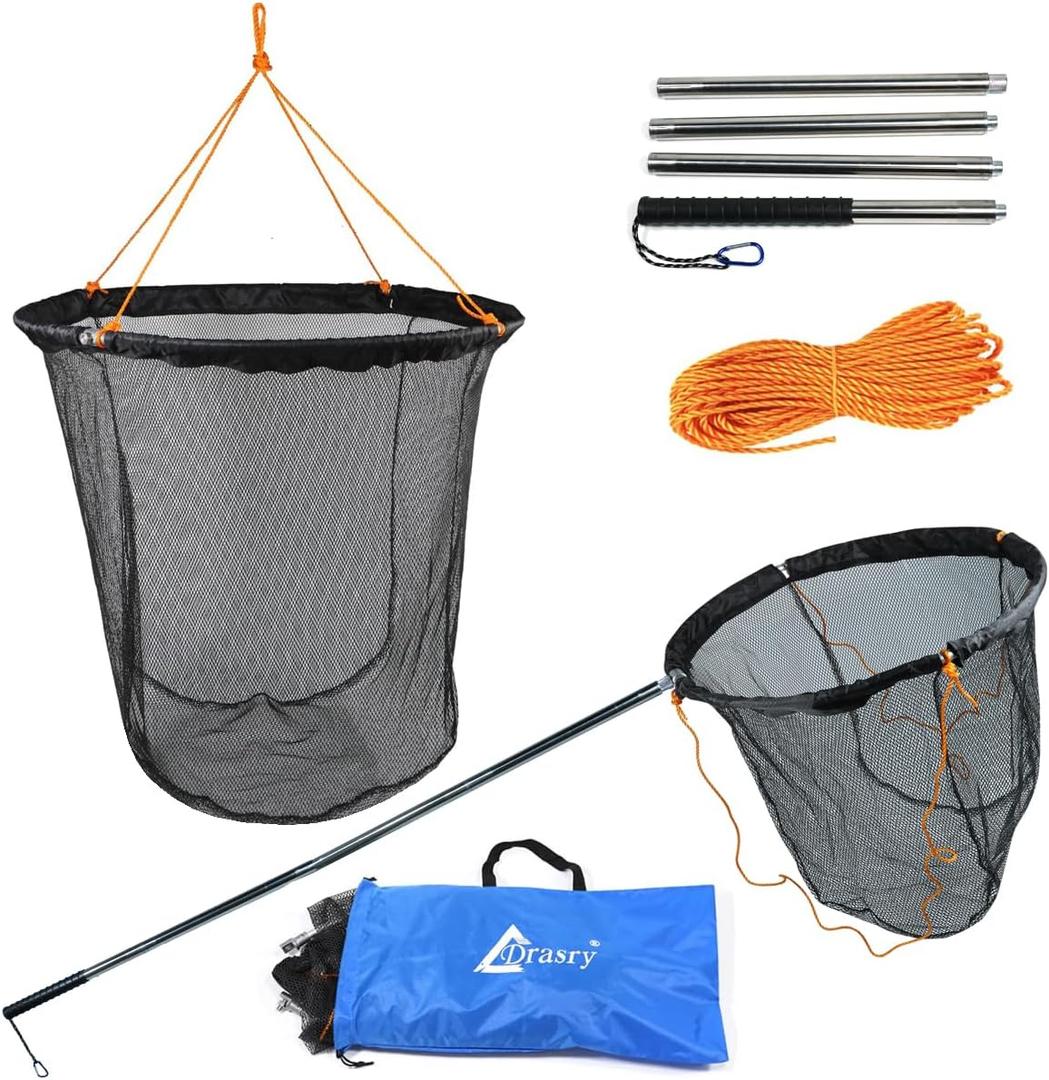 Drasry Large Collapsible Bridge Pier Fishing Net Landing Net with Rod, High Load Aluminum Ring Drop Net for Saltwater and Freshwater Pier Fishing Basket with 49.2 ft. Rope (23.6 x 23.6 x 27.5", Black)