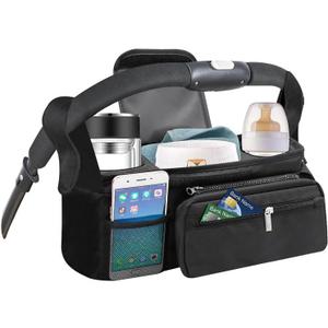 PandaEar Universal Stroller Organizer with Insulated Cup Holders, Parent Console Caddy with Detachable Shoulder Strap & Phone Pouch, Large Capacity Stroller Accessories Bag