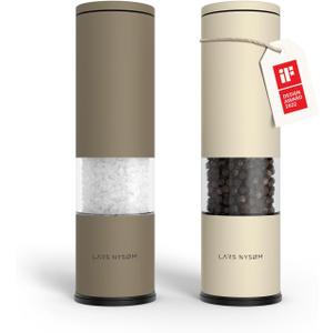 LARS NYSM Salt and Pepper Grinder Set 2 pieces I Salt Pepper Mill with Adjustable Ceramic Grinder I Design Spice Grinder Set Manual (Brown/Beige)