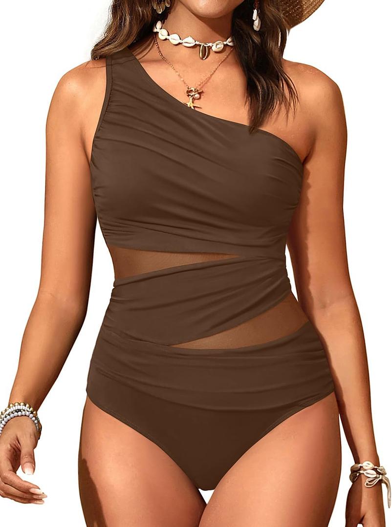 Aqua Eve Women Mesh One Piece Swimsuit - Tummy Control One Shoulder Bathing Suit Cut Out Swimwear 2025 (Small, Brown)