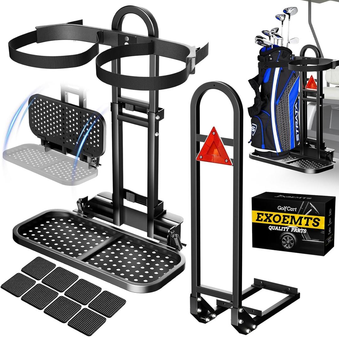 Foldable Golf Cart Rear Seat Bag Holder Rack & Safety Grab Bar Combo, Universal Fit Club Car EZGO Yamaha (2+2)/(4+2) Passenger Golf Cart with Foot Rest, Easy Install, Saves Space