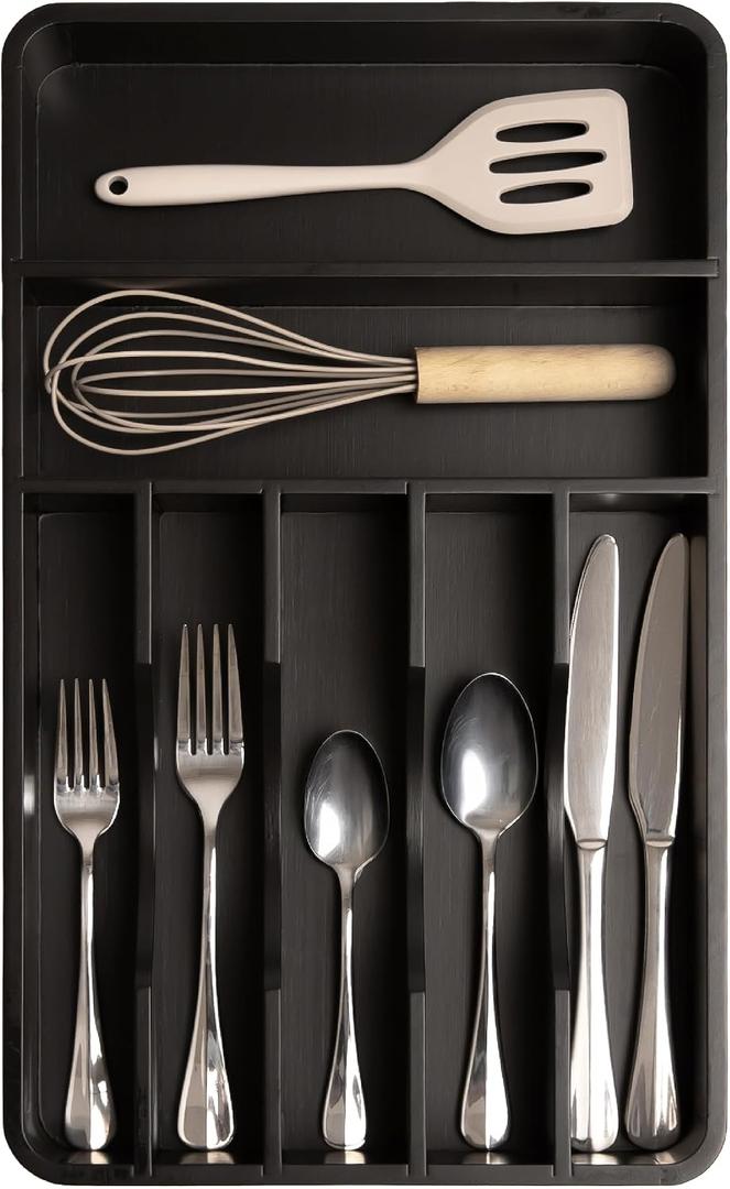KitchenEdge Silverware Organizer - Cutlery, Flatware, and Utensil Holder for Kitchen Drawers, Fixed 10.5 Width, 7 Storage Compartments, Non-Slip Feet, Rounded Corners, 100% Bamboo, Black Finish
