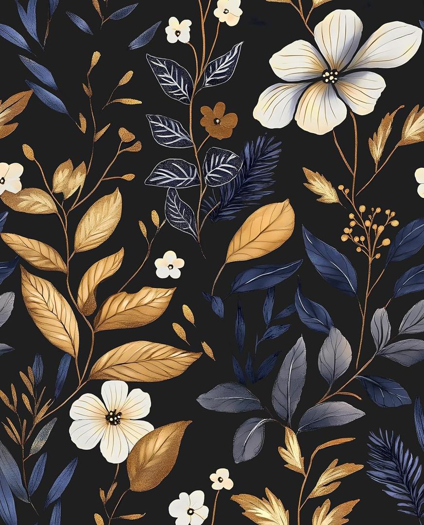 Laatse Blue/Gold Leaf Wallpaper Peel and Stick Vintage Dark Floral Wallpaper Waterproof Self Adhesive Removable Boho Wall Paper Modern for Bedroom Walls Drawer Cabinet 17.5in x118in