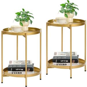 2-Tier Round End Side Table, Set of 2, Small Metal Side Table with Removable Tray, Folding Accent Tables for Living Room, Balcony, Nightstand for Bedroom, Outdoor Tables for Patio, Gold