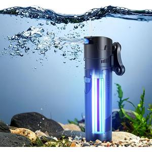 Flexzion Aquarium Filter UV, 100 Gallon Fish Tank Filter with UV Light for Green Control Cleaning, 200GPH Submersible Aquarium Pump for Turtle Tank, Freshwater Crystal Clear & Saltwater