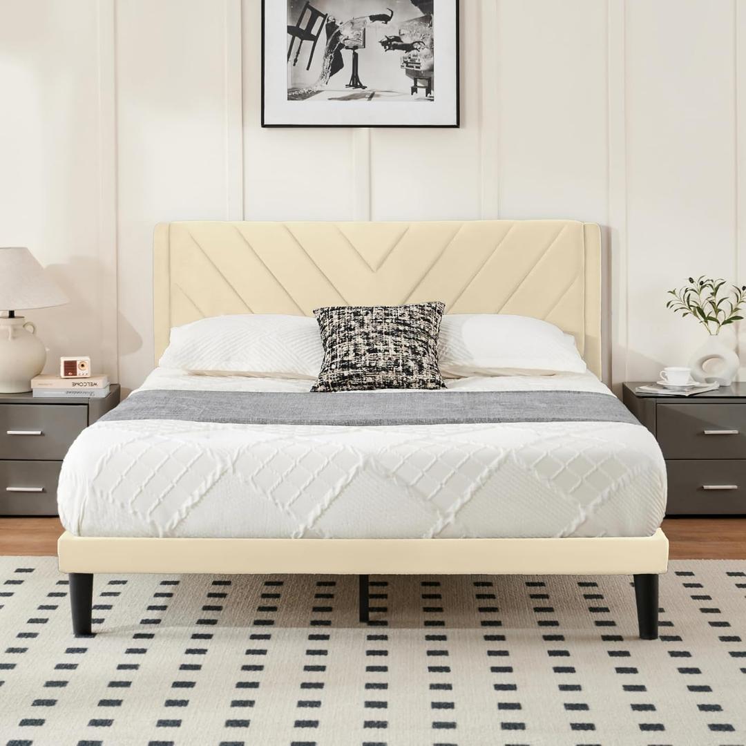 Full Size Platform Bed Frame with Velvet Headboard, Wing Edge, Sturdy Wooden Slats, Noise-Free, No Box Spring Needed, Easy Assembly, Beige