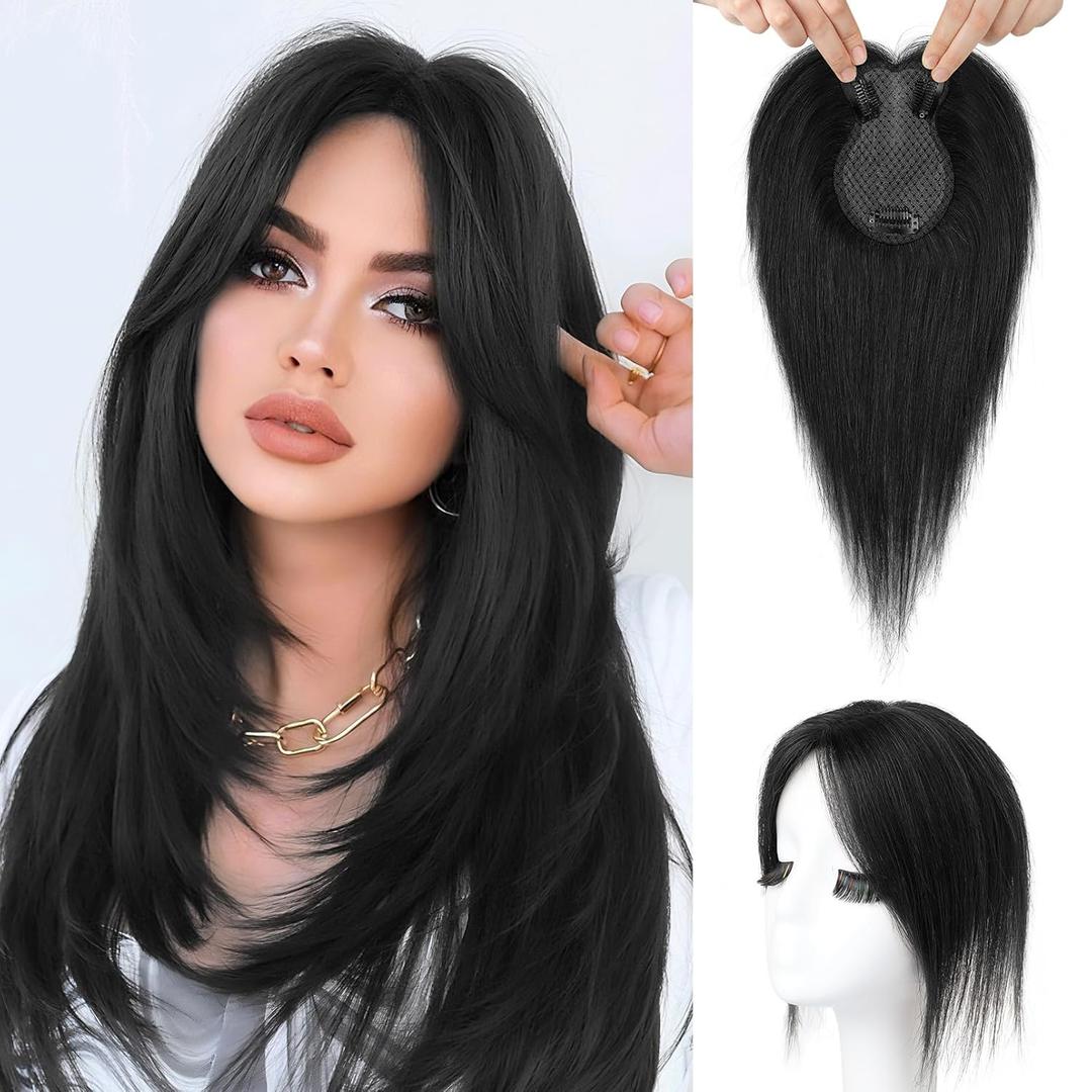 Flufymooz 100% Real Human Hair Toppers for Women, 10 Inch Clip in Human Hair Topper for Thinning Hair, 3603D Cover Clip in Bangs Natural Hairpiece With 4.5'' x 3'' Silk Base-Natural Black
