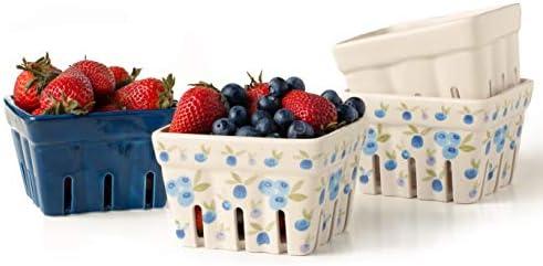Farmhouse Ceramic Berry Basket, Colander, Farmers Market square Bowl. Rustic Kitchen decor fruit bowls, Fruit Baskets, Bleu White and Blueberry pattern Stoneware Harvest Bowls Set of 3