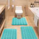 ACCUMTEK Striped Teal Green Bathroom Rug Set 3 Pieces Ultra Soft, Non Slip Chenille Toilet Mat, Absorbent Plush Shaggy Bath Mats for Bathroom, Bedroom, Kitchen, Turquoise (2'8"x1'8"+2'1'5"+U Shape 2'x1'8")