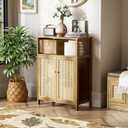 HITNET Rattan Bathroom Storage Cabinet, Bamboo Floor Cabinet with 2 Doors and Open Shelf, Freestanding Cupboard for Living Room, Entryway, Kitchen, Walnut