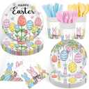 168PCS Happy Easter Party Supplies Floral Egg Party Decorations Easter Bunny Paper Plates Napkins Cups and Forks for Brunch Egg Hunt Spring Celebrations, Serves 24