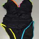 popvil Women's One Piece 2025 Tummy Control Swimsuits Neon Color Block Swimwear Deep V Neck Slimming Bathing Suit, XL