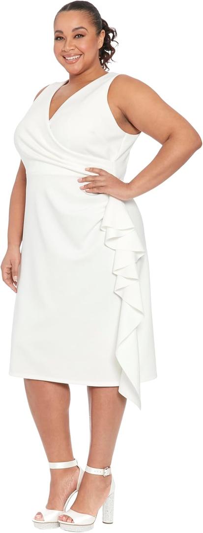 London Times Women's Sleeveless V-Neck Dress for Women with Cascade Ruffle Detail | Cocktail Dresses for Women (White, XL)