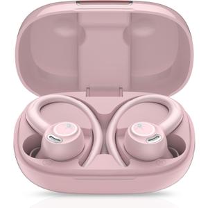 Wireless Earbuds Bluetooth 5.3 Headphones Sports, 48Hrs Playback Over Ear Buds with CVC8.0 Mic, Bass Stereo Bluetooth Earbuds with Earhooks, LED Display, IP7 Waterproof Earphones for Running Pink