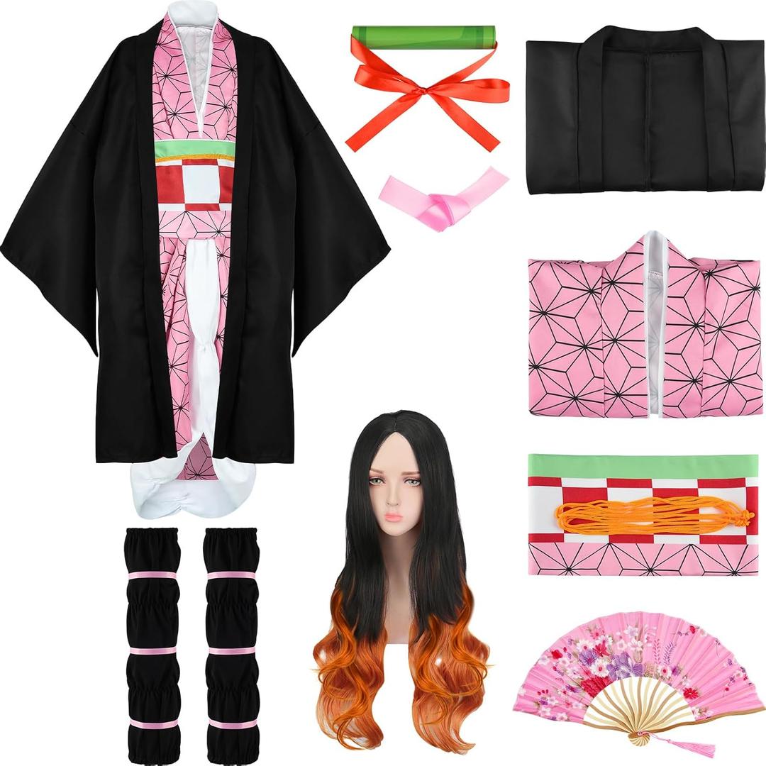 MEEZY 13 Pcs Japanese Anime Kimono Outfits Halloween Cosplay Costume for Adults (Black)