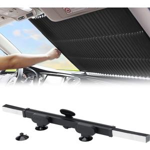 Retractable Windshield Sun Shade for Car, Large Sun Visor Protector Blocks 99% UV Rays to Keep Your Vehicle Cool, Auto Sunshade Fits Front Window of Various Models with Suction Cups, 60"L x 25.6"W