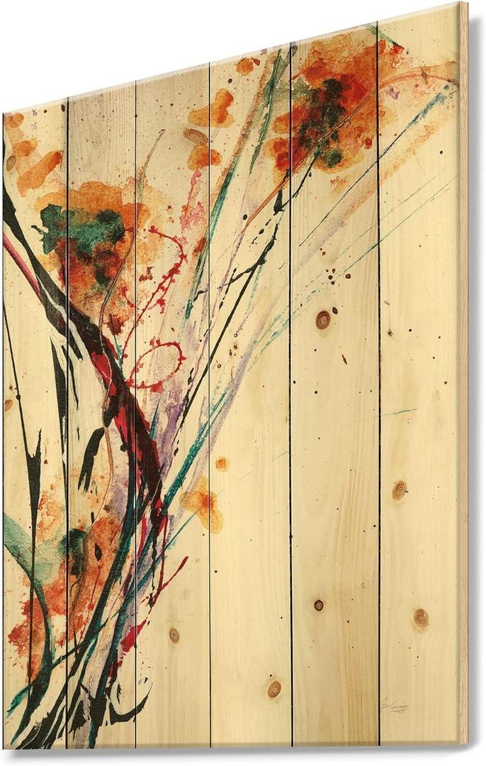 Abstract Orange Flowers Traditional Wood Wall Decor, Multi-Color Wood Wall Art, Large Floral Wood Wall Panels Printed On Natural Pine Wood Art (32"L x 24"W)