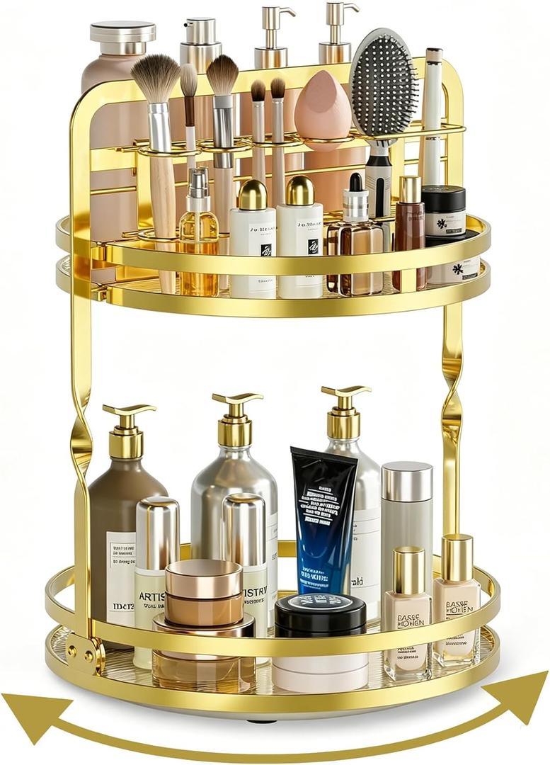 360 Rotating Makeup Organizer, 2-Tier Gold Perfume Organizer for Dresser, Bathroom Organizer Countertop, Lazy Susan Spinning Perfume Stand Vanity Skincare Storage with Makeup Brush Holder