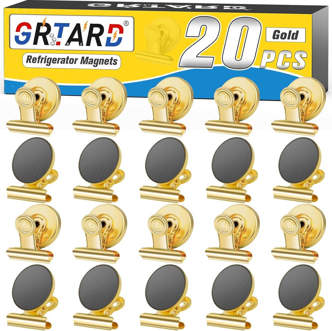 Grtard 20 Pack Magnetic Clips, Strong Heavy Duty Clips Magnet, Whiteboard Magnets Clip, Refrigerator Magnet Clips, Non-Scratch Metal Magnet Clips for Refrigerator, Whiteboard, Locker, Gold