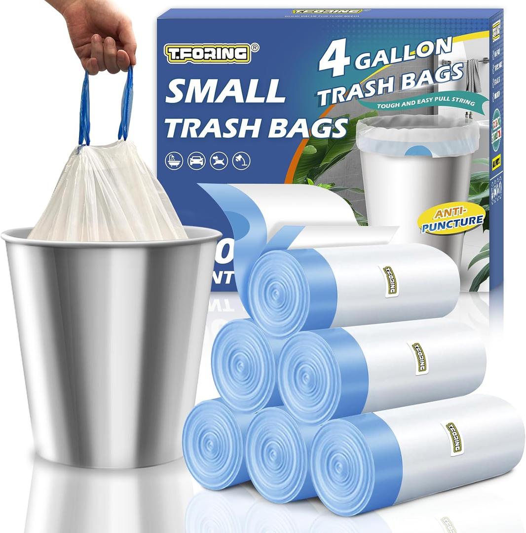 Small Trash Bags 4 Gallon with Drawstring, 1.1 Mil 15 Liter White Thick Unscented Small Plastic Garbage Bags for Bathroom, Wastebasket Liners for Toilet Home Office and Bedroom (4 Gal-120)
